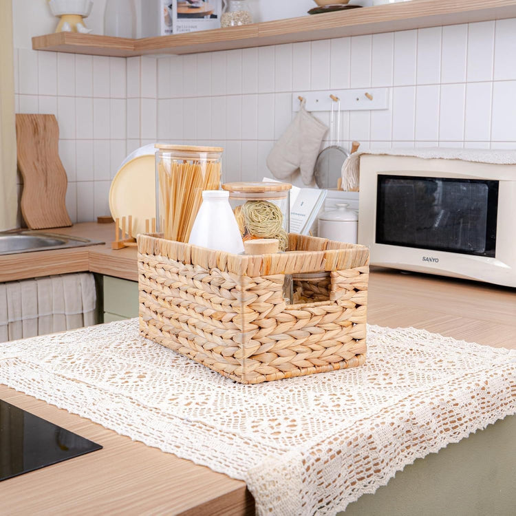 4PCS Handwoven Water Hyacinth Storage Basket Set - Natural Wicker Baskets with Handles for Bathroom, Kitchen, Pantry, Bedroom, and Living Room Organization