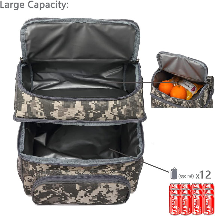 FlowFly Double Layer Cooler Insulated Lunch Bag Adult Lunch Box Large Tote Bag for Men, Women, With Adjustable Strap,Front Pocket and Dual Large Mesh Side Pockets