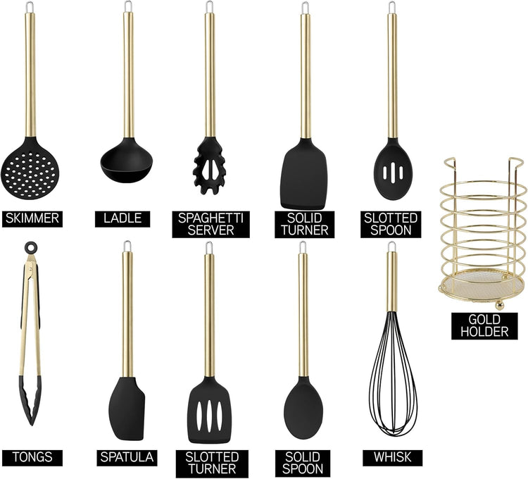 COOK WITH COLOR Silicone Cooking Utensils, Kitchen Utensil Set, Easy to Clean Silicone Kitchen Utensils, Cooking Utensils for Nonstick Cookware, Kitchen Gadgets Set with Holder, 10 Pieces