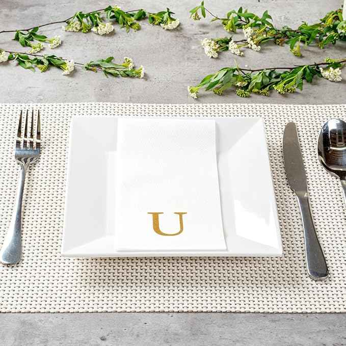 Luxenap 15.8 X 7.9 Inch Linen-Feel Guest Towels, 50 Lettered Hand Towels - Gold Letter 'U', Sans Serif Font, White Paper Dinner Napkins, airlaid, For Restrooms And Tables