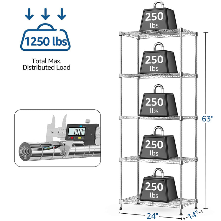 1250 lbs 5 Tier Shelf Metal Storage Shelves Wire Rack Closet Organizers with Wheel for Garage Kitchen Bathroom Laundry Chrome 13.7" D x 23.6" W x 62.4" H (5 Count)