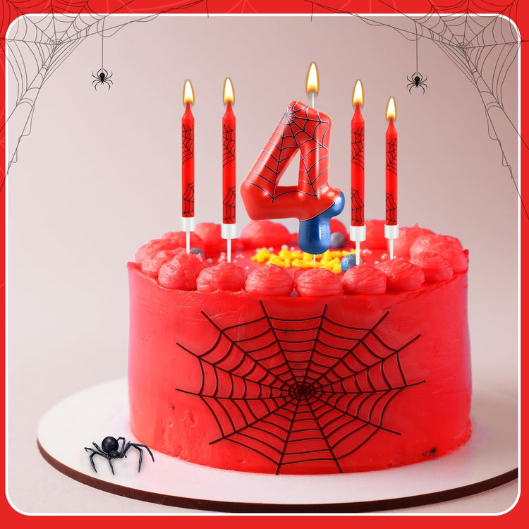 13 Pcs Spider Themed Birthday Candle Set Red Spider Theme Number 4 Candle Cake Topper for Boys Girls Birthday Decoration Spider Party Decoration Supplies (13 Count)