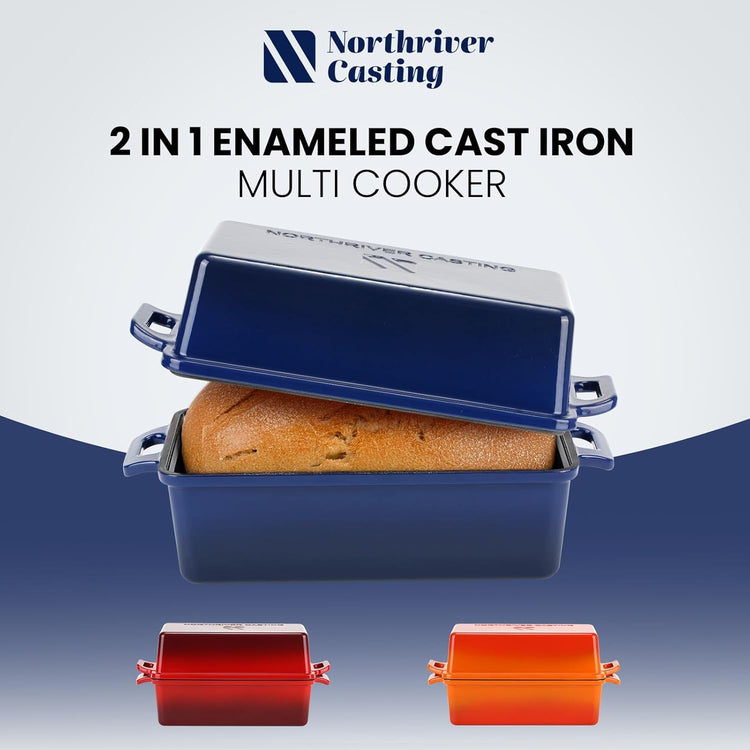 2 in 1 Enameled Cast Iron Bread Pan with Lid, Perfect Bread Oven, Loaf Pans for Baking Homemade Sourdough Bread 9x5, 2 Piece set, Navy Blue