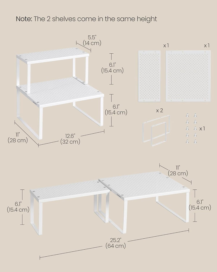 SONGMICS Spice Racks, Set of 2 Metal Cabinet Shelf Organizers, Countertop Organizers, Shelf Risers, Stackable, Expandable, White UKCS005W01