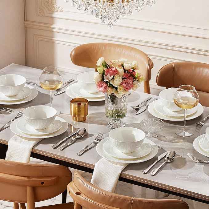 KINGSTONE Bone China Dinnerware Set, 24-Piece White Lightweight Porcelain with Textured Design Service for 8, Plates, Bowls, for Family Dining, Restaurants, Gifting,Microwave and Dishwasher Safe