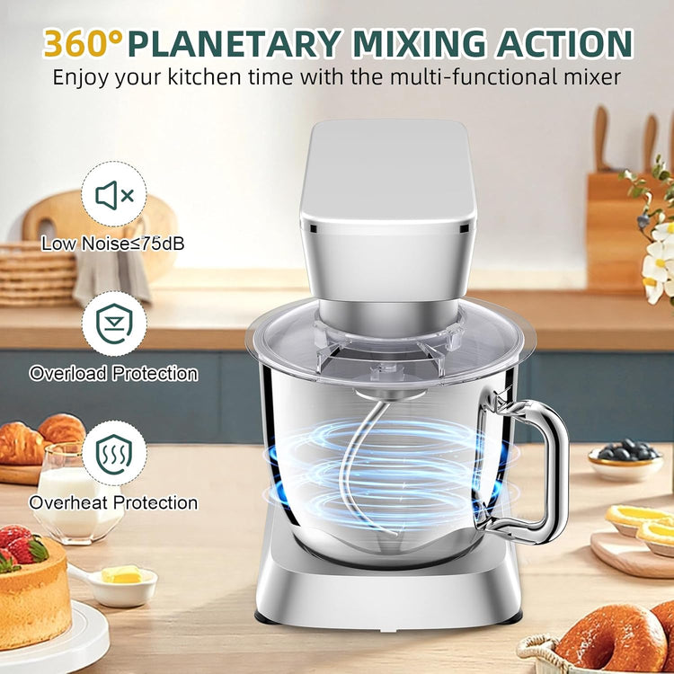 Stand Mixer, 6QT 10+P Speed Tilt-Head Kitchen Electric Mixer, Food Mixer with Stainless Steel Bowl, Dough Hook, Flat Beater, Wire Whisk, Splash Guard for Daily Use - Silver
