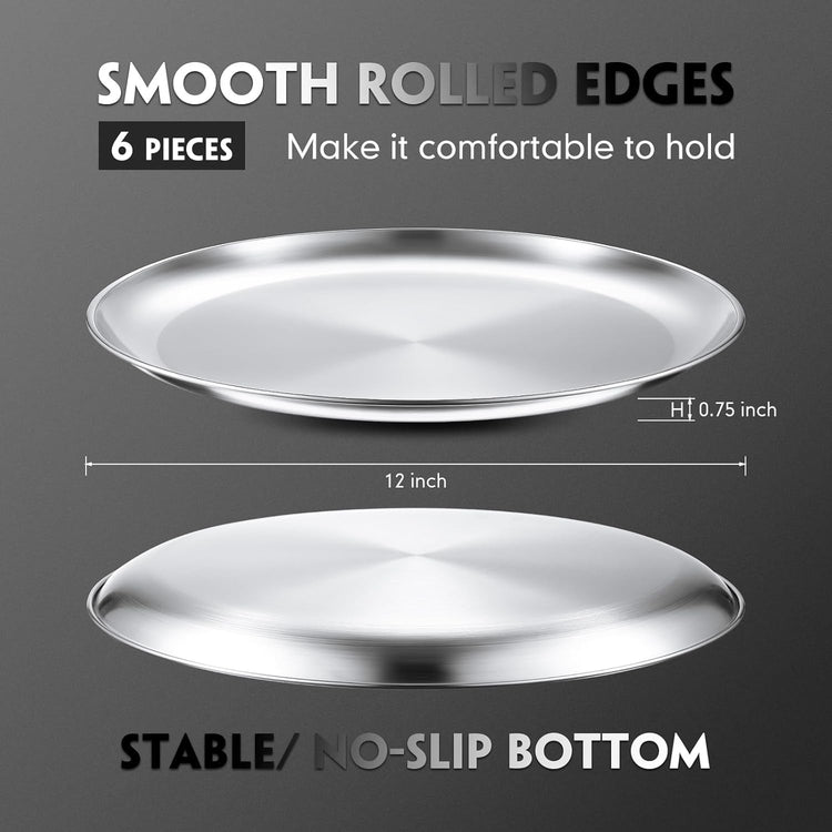 Thenshop 6 Pieces 12 Inch Pizza Pans Bulk Stainless Steel Sets Round Bakeware Pizza Trays for Oven Kitchen Baking Home Restaurant Safe Sturdy Reusable Easy Clean