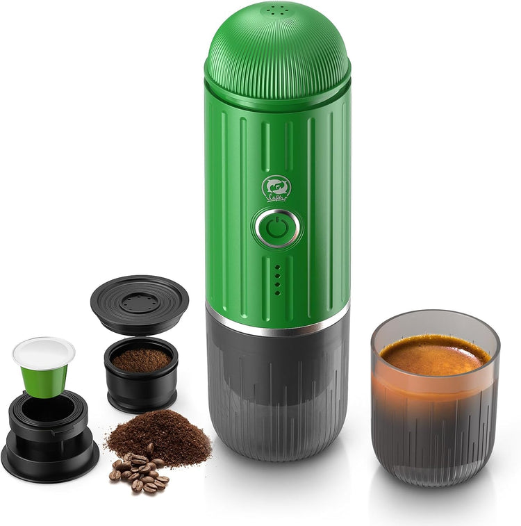 Rich Crema Portable Electric Espresso Coffee Maker, Fast self-heating 2 IN 1 Extraction System Espresso Machine, Support Ground Coffee and NS capsule, for Travel、Car、Hiking、Climbing(Green)