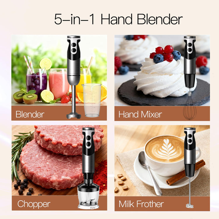 5-in-1 Hand Blender, Powerful Immersion Stick Blender with Titanium Reinforced Blades, 12-Speed Control, Includes Chopper, Beaker, Whisk & Frother for Smoothies & Baby Food