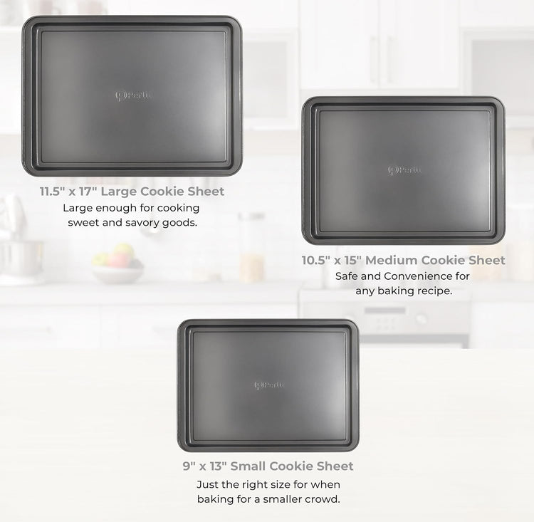 PERLLI Non-Stick 3-Piece Baking Pan Set, BPA-Free Gray Carbon Steel Bakeware Set, Stackable Kitchen Oven Set, Cookie Sheet, Baking Tray, Baking Sheet Set, Oven Safe (446°F)