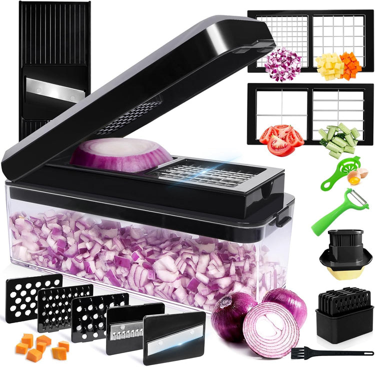 Vegetable Chopper, Onion Chopper Dicer, Mandoline Slicer, Food Chopper with Container, Vegetable Cutter for Salad Potato Carrot Garlic(9 Blades, Black)