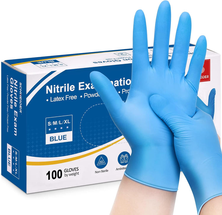 Schneider Nitrile Exam Gloves, Blue, 4 mil, Powder-Free, Latex-Free, for Medical Exam, Cleaning and Food Prep, Non-Sterile