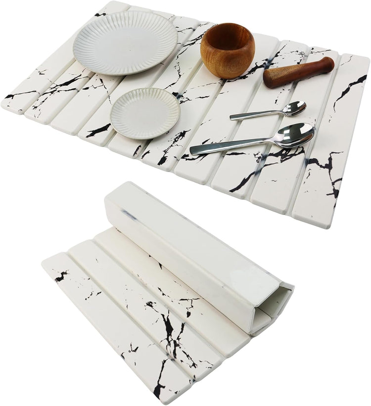 Large Stone Drying Mat for Kitchen Counter Diatomaceous Earth Collapsible 24”(L)*16”(W)Super Heat Resistant Mats, Quick Absorbent Dish Drying Rack(Gray marble)