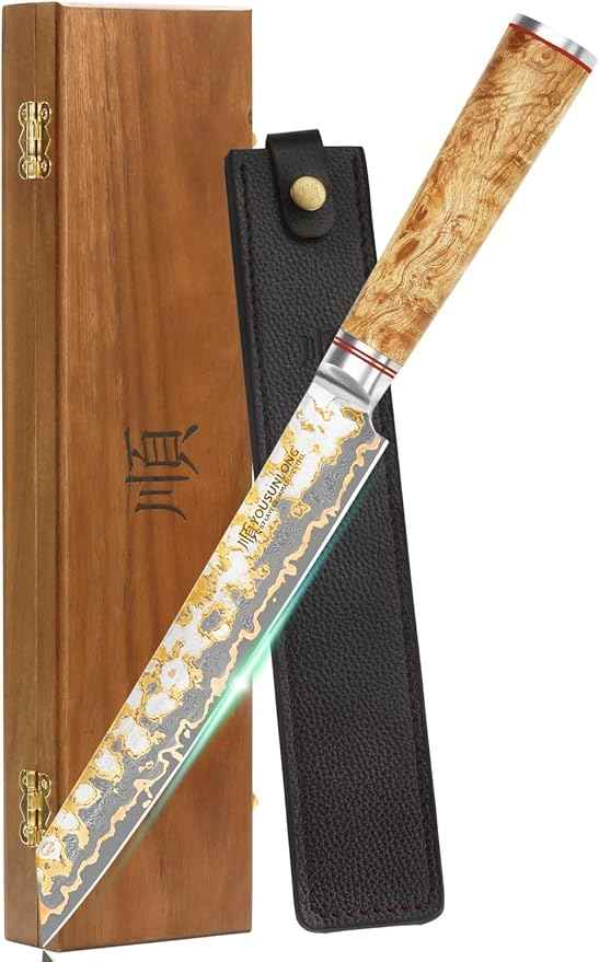 YOUSUNLONG Sujihiki Slicing Knife - 8 Inch Sashimi Sushi Knife - Handmade CuMai Copper Damascus Steel - Japanese Yanagiba Carving Knives Ultra Sharp - Naturel Burl Wooden Handle with Leather