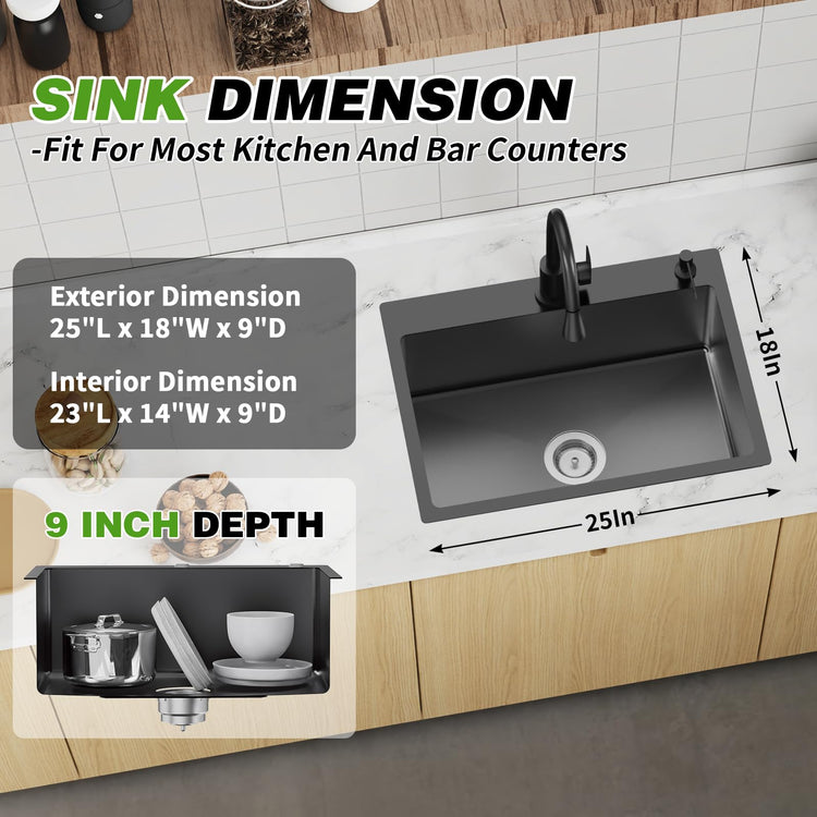 Black 25x18In Drop In Kitchen And Bar Sink