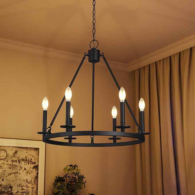 Tribesigns Wagon Wheel Chandelier 26" 6-Lights, Black Metal Rustic Ceiling Light Round Chandeliers Farmhouse for Farmhouse, Kitchen, Dining Room, Cabin Foyer, Entryway