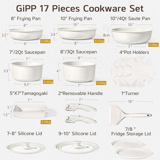 GiPP Ceramic Pots and Pans Set Non Stick, Nonstick Detachable Handle Cookware Sets, Healthy Non Toxic PFAS PFOA & PTFE Free, Dishwasher &Oven Safe, Induction Kitchen Pot and Pan