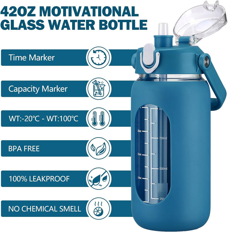 kytffu 42oz Glass Water Bottles with Straw, Motivational Glass Bottle with Silicone Sleeve and Time Marker, Leakproof Large Glass Water Jug for Gym Home Office,Iron Blue