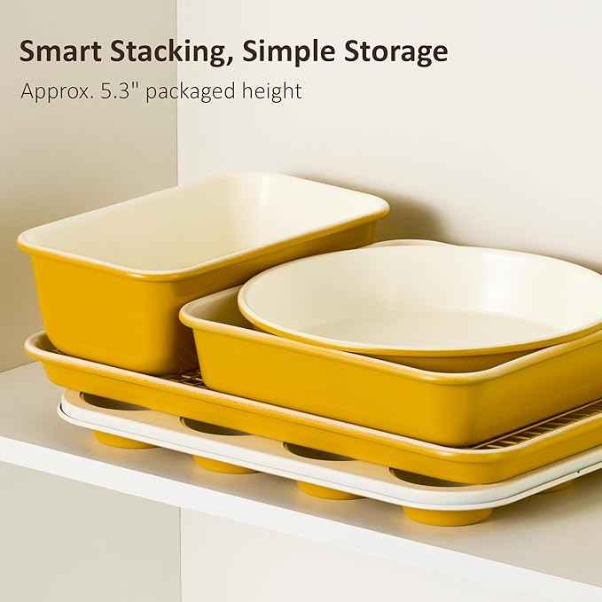 CAROTE 6-Piece Nonstick Ceramic Baking Pans Set - Bakeware Sets Including Cookie Sheets for Baking, Muffin Pan, Bread Pan, Cake pan, Loaf Pan, Cooling Rack, Mustard Yellow & Cream White