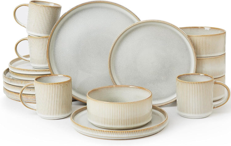 Famiware Star Dinnerware Set with Mugs, Service for 4 (16pcs), Ribbed Stoneware Plates and Bowls Dishes Sets - Chip & Scratch Resistant, Microwave & Dishwasher Safe, Cappuccino White