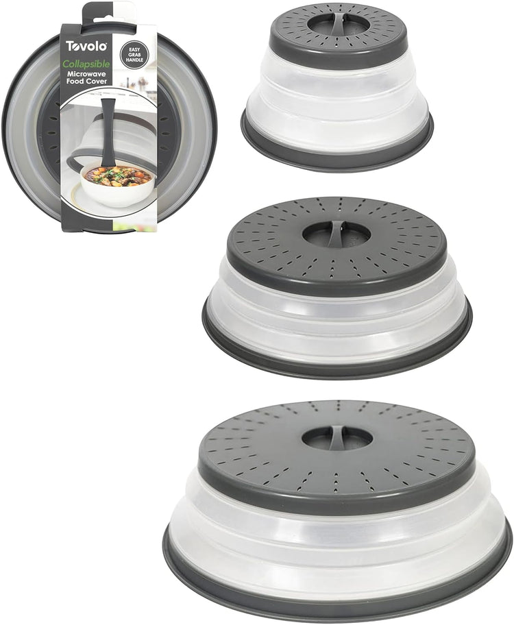 Tovolo Microwave Splatter Cover for Food, 3-Pack (Charcoal) - Collapsible & Vented Silicone Splatter Guard Lid - Microwave Plate & Dish Cover with Handle - BPA-Free Kitchen Gadget for Meal Prep