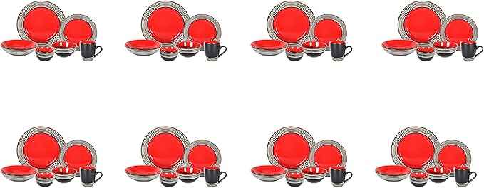 48 Piece Dinnerware Set, Ceramic Plates and Bowls Sets for 8, Microwave and Dishwasher Safe, Handcrafted Tree Bark Series Dish Set, Strawberry/Red