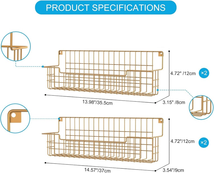 Spice Rack, 4-Pack Seasoning Organizer Wall Mounted for Kitchen Storage Organization, Metal Spice Holder Shelf for Cabinet, Pantry, Gold