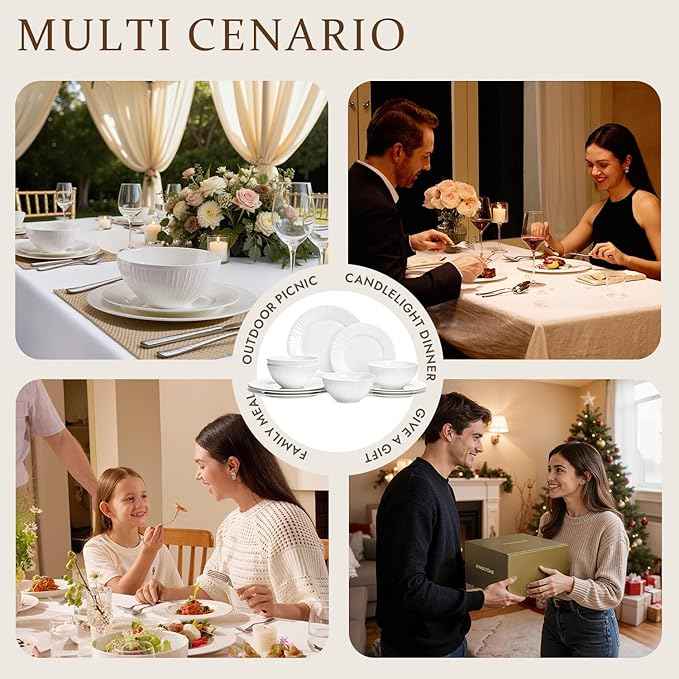 KINGSTONE Bone China Dinnerware Set, 18-Piece White Lightweight Porcelain with Textured Design Service for 6, Plates, Bowls, for Family Dining, Restaurants, Gifting,Microwave and Dishwasher Safe