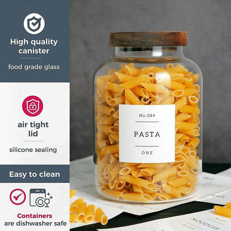 Set Of 2 Large Glass Jar with Wooden Lid with 132 Labels, Glass Storage Jars for Flour Pasta Candy Coffee Cookie and More(70 FL OZ/2000 ml)