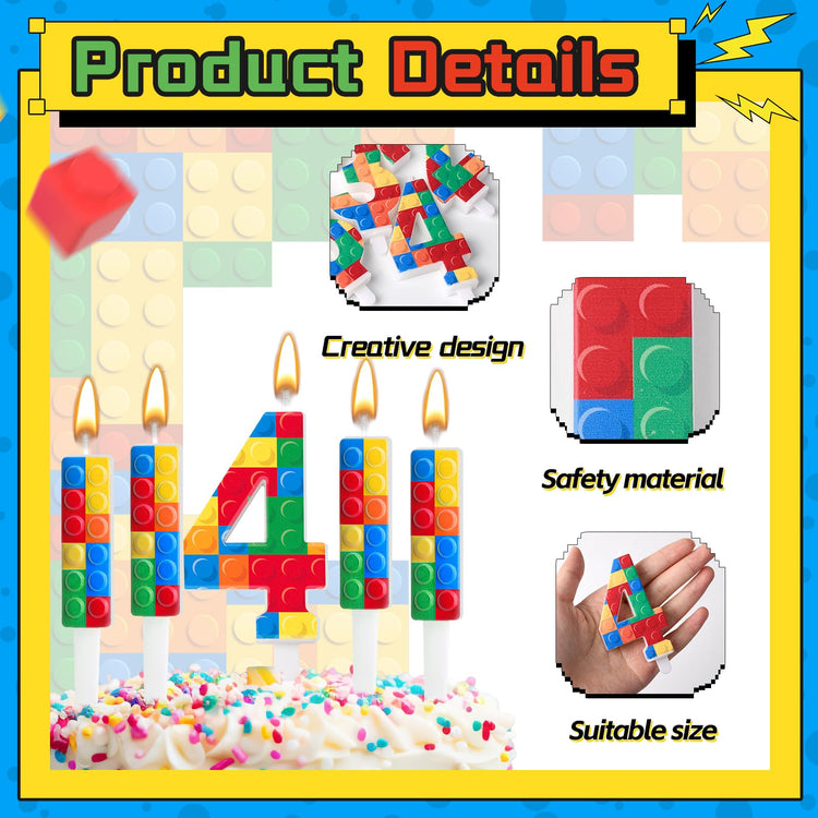 7 Pcs Building Block Themed Birthday Candles Set Building Blocks Number 4 Candle Cake Topper for Building Block Party Decoration Supplies (7 Count)
