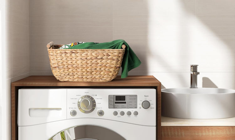 Large Wicker Storage Baskets with Wooden Handles, Woven Water Hyacinth Storage Organizers for Throw Blankets, Bedroom, Living Room, Laundry,2-Pack