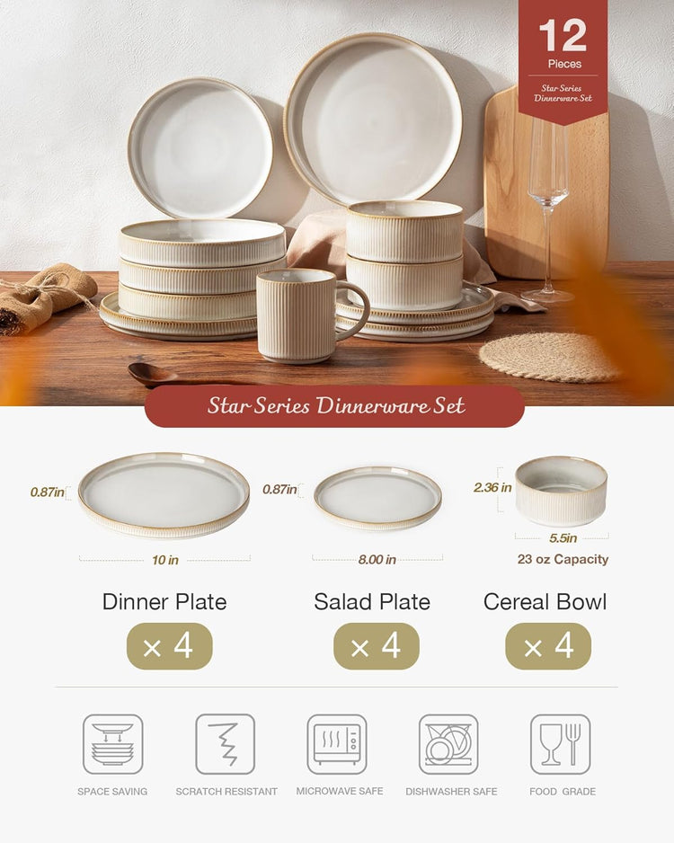 Famiware Star Dinnerware Sets, Plates and Bowls Set for 4, 12 Pieces Ribbed Dishes - Chip and Scratch Resistant, Microwave and Dishwasher Safe Tableware, Cappuccino White