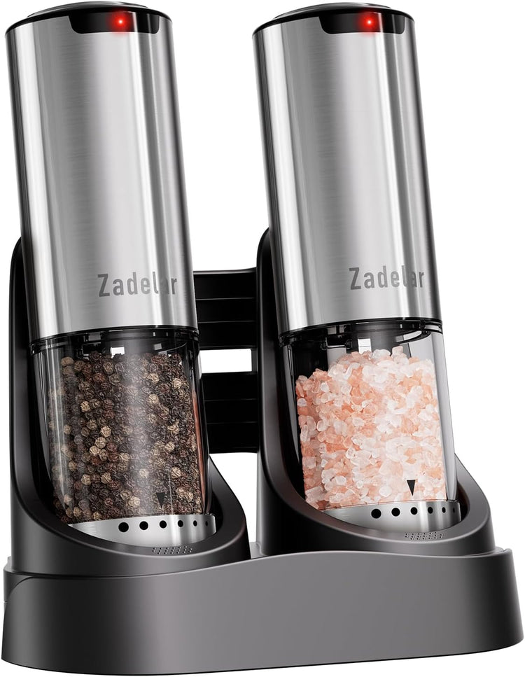 Electric Rechargeable Salt and Pepper Grinder Set,Automatic Pepper Mill Grinder with USB C Charging Dock,Upgraded 95ml Large Capacity,Adjustable Coarseness,LED Light,Stainless Steel