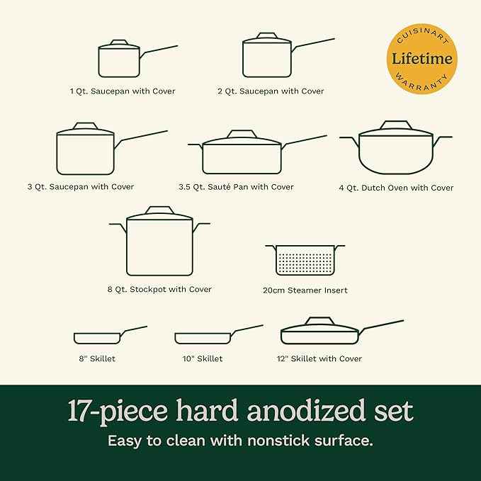 Cuisinart 17-Piece Pots and Pans Set, Non Stick Hard Anodized Cookware Set, Compatible with Electric, Gas Cooktops, Dishwasher Safe, Oven Safe Pot Set, Cool Grip Handles, Aluminum Core for Even Heat