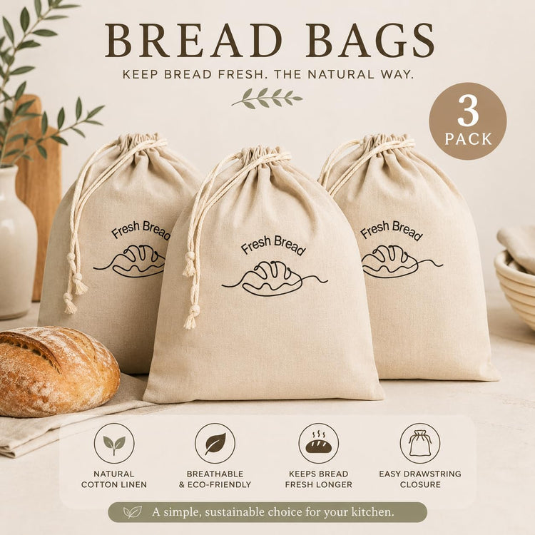 3 Pack Linen Bread Bags for Homemade Bread (3 Count)