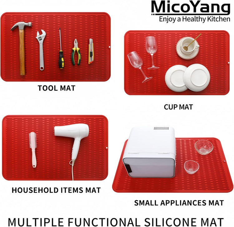 Silicone Dish Drying Mat for Multiple Usage,Easy clean,Eco-friendly,Heat-resistant Silicone Mat for Kitchen Counter or Sink,Refrigerator or Drawer Liner Red 3XL 28 inches x 18 inches
