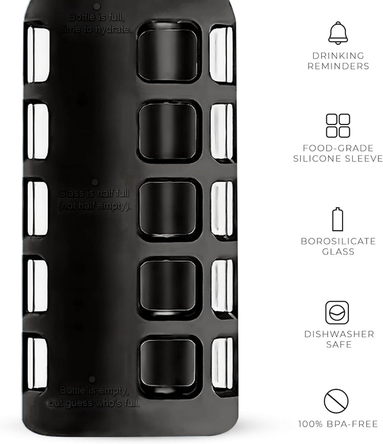 purifyou 40oz / 32oz / 22oz / 12oz Borosilicate Glass Water Bottle with Time & Volume Markers, Silicone Sleeve, Stainless Steel Lid – Reusable Glass Bottle for Water & Juice (22oz Jet Black)