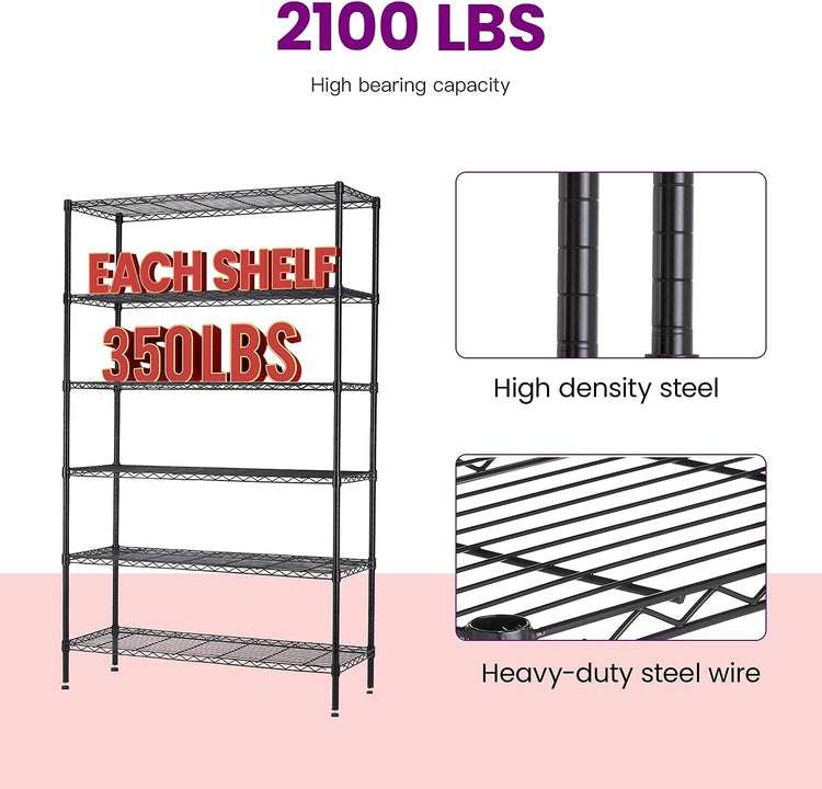 FDW 48"L×18"W×82"H Wire Shelving Unit Storage Cart Metal Shelf Rolling Utility Cart 2100Lbs Capacity with 6 Tier Casters Adjustable Layer Rack Strong Steel for Restaurant Garage Pantry Kitchen,Black