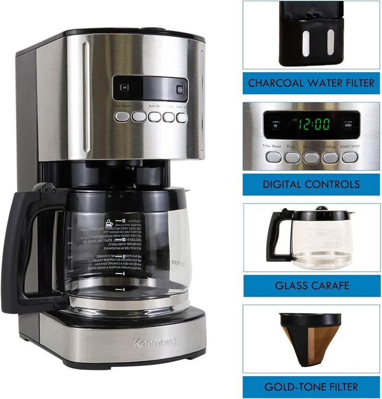 Kenmore Drip Coffee Maker - 12 Cup Programmable Cafe Machine With Glass Pot, Regular & Bold Brew, Auto Shut Off Large Water Reservoir, Reusable Filter, Kitchen Appliances For Cafeteria Barista, Black