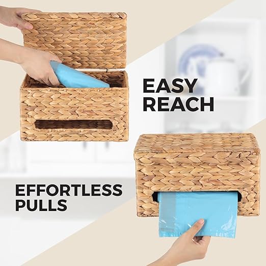 Trash Bag Holder with Scalloped Lid 13β30 Gallon Bags Roll Holder Wall Mount Water Hyacinth Garbage Bag Dispenser for Kitchen, Cabinet (Natural Water Hyacinth)