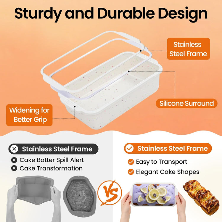 SJ Silicone Bread Loaf Pan with Metal Reinforced Frame, 9.5 x 5 in Non-stick Silicone 1 lb Loaf Pan for Baking, 3 Pack Durable Bread Pan for Oven Dishwasher Safe - Cream