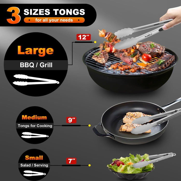 Walfos Stainless Steel Kitchen Tongs for Cooking- 7 ,9 and 12 Inch, Food Grade Metal Tongs for Cooking, BBQ, Set of 3 Heavy Duty Locking Cooking Tongs Non-Slip Grip