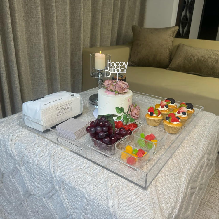 Extra Large Clear Modern Acrylic Ottoman Tray with Cutout Handles 22x22 Inch Over