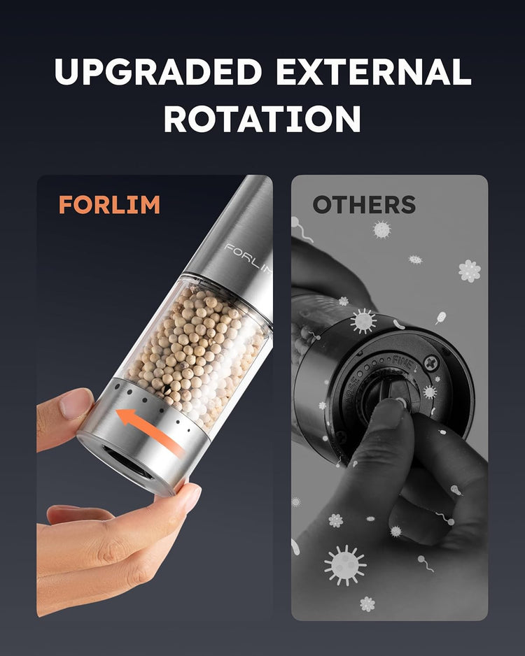 FORLIM Electric Salt and Pepper Grinder Set Rechargeable, Upgraded Washable, Automatic One-Handed Operation with LED, Adjustable Coarseness Pepper and Salt Grinder Refillable, Stainless Steel(Silver)