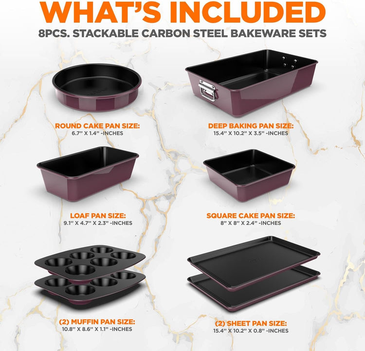 NutriChef 8-Piece Nonstick Stackable Bakeware Set - PFOA, PFOS, PTFE Free Baking Tray Set w/Non-Stick Coating, 450°F Oven Safe, Round Cake, Loaf, Muffin, Wide/Square Pans, Cookie Sheet (Plum)