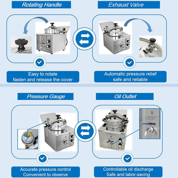 16L Commercial High Pressure Fried Chicken Stove Chicken Deep Fryer Electric Countertop Pressure Fryer with a Fitted Timer 110V 2.4KW