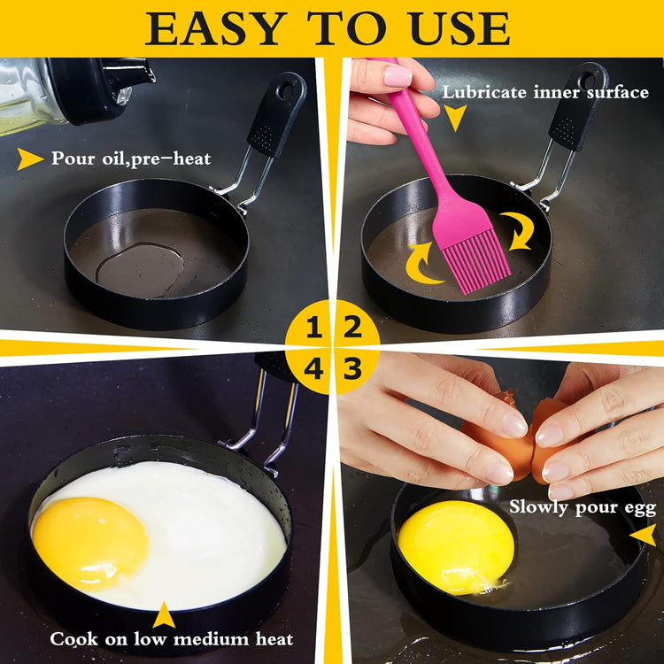 4'' Round+Square Egg Rings Set with Silicone Handle, Stainless Steel Egg Cooking Rings,Nonstick,For Frying Eggs and Egg Mcmuffins, Egg Mold For Breakfast