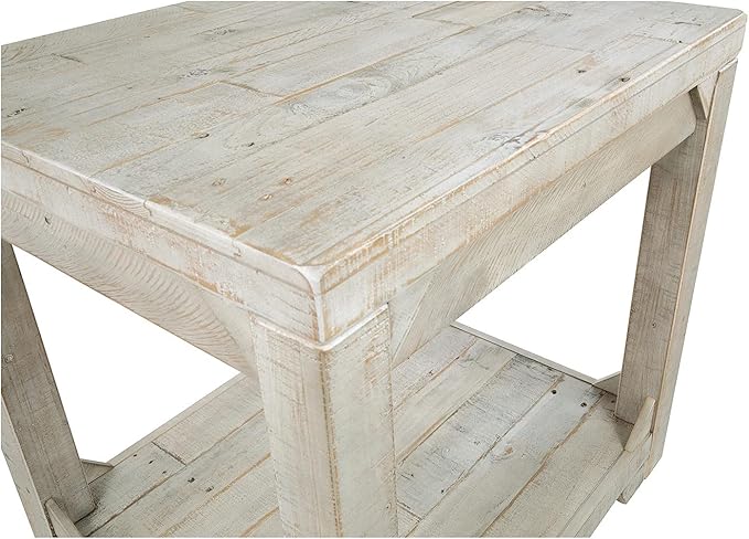 Signature Design by Ashley Fregine Farmhouse Rectangular End Table with Lower Open Shelf, Triangle Bracket Accents, Wood, 25.25" High, Weathered White