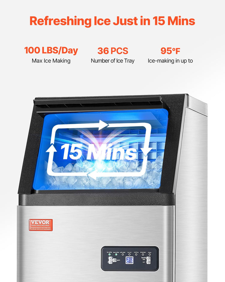 VEVOR Commercial Ice Maker Machine, 100lbs/24H Ice Maker Machine with 16lbs Storage Capacity, 36 Ice Cubes in 15 Minutes, LED Digital Display Freestanding Self-Cleaning for Bar Office Restaurant