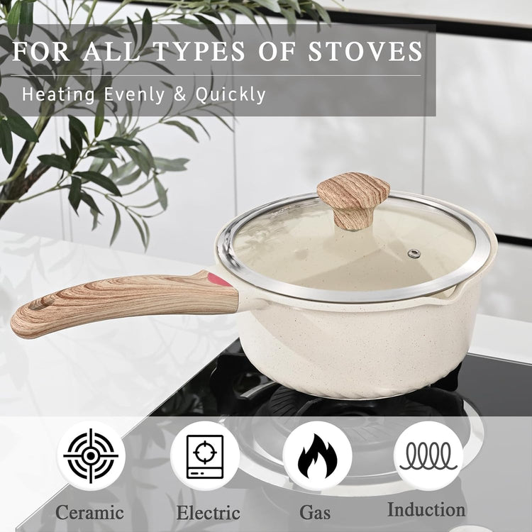 VINCHEF Nonstick Saucepan with Lid, 3QT Sauce Pan with Stay Cool Handle, Non Stick Small Cooking Pots Induction pot, Dishwasher Safe, Compatible for All Stove Top, PFAS and PFOA Free White - Nestoria